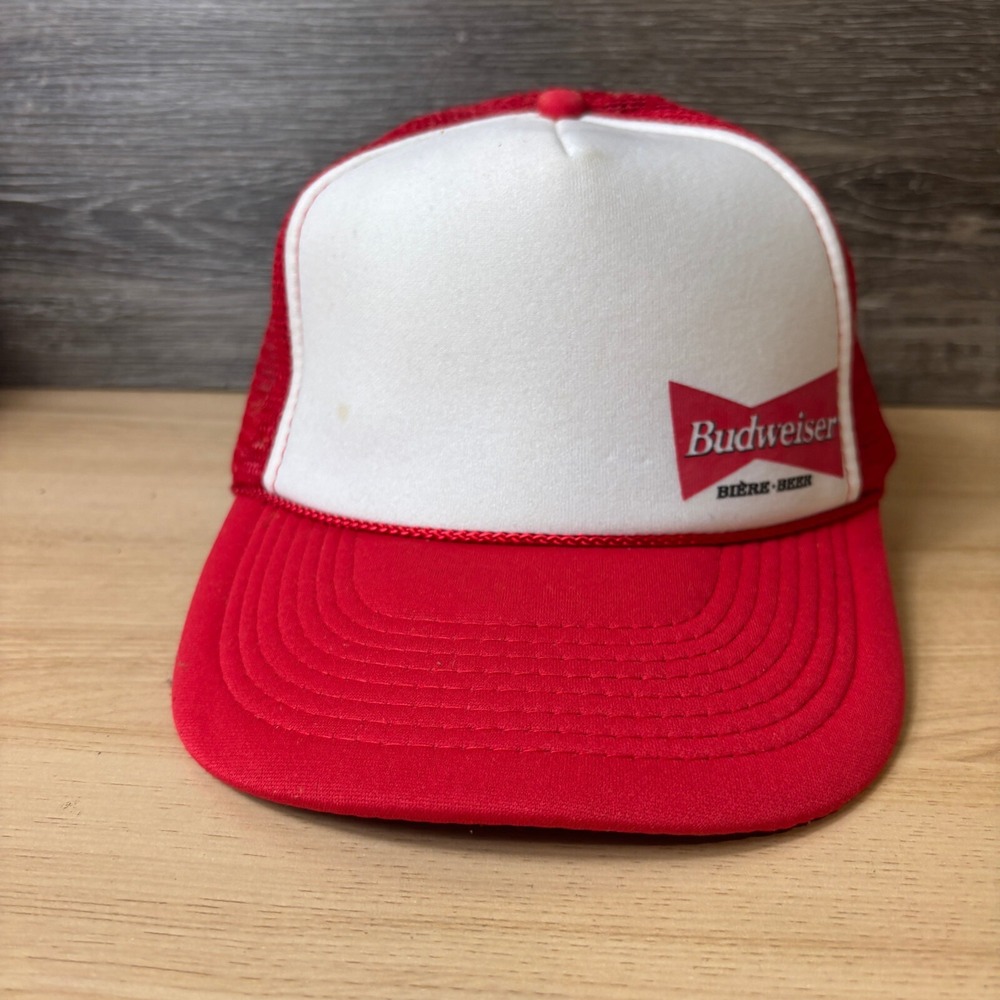 Vintage Budweiser Hat Cap Snap Back Red Trucker Beer Brewing Adjustable